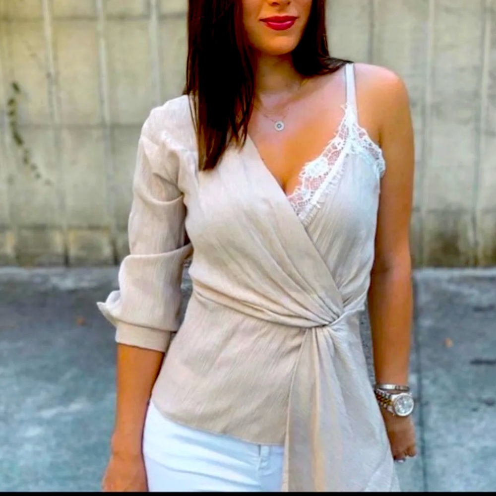 New Zara Beige Tan Asymmetrical Cami V Neck Lace One Shoulder Blouse Top - Picture 4 of 16